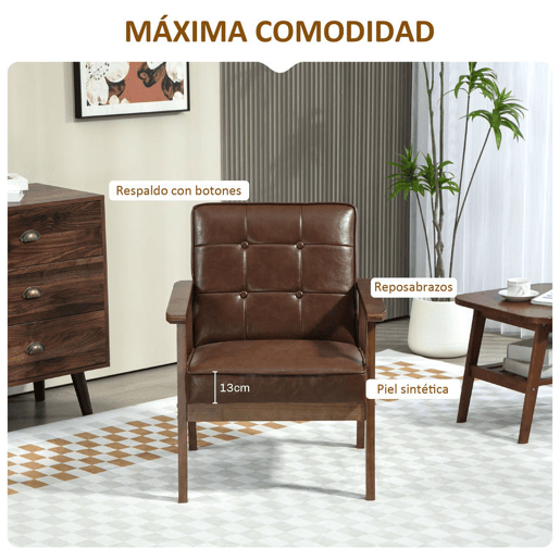 HOMCOM Poltrona Sala de Estar Estofada em PU Poltrona Sala de Estar com Apoio para os Braços e Estrutura de Madeira de Borracha Poltrona para Dormitório Sala de Estar Carga 120 kg 64x66x80 cm Marrom