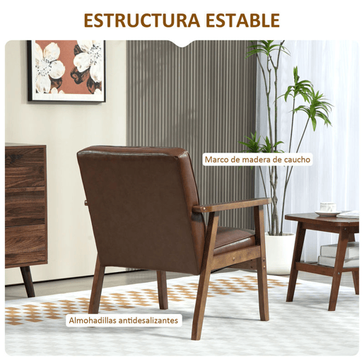 HOMCOM Poltrona Sala de Estar Estofada em PU Poltrona Sala de Estar com Apoio para os Braços e Estrutura de Madeira de Borracha Poltrona para Dormitório Sala de Estar Carga 120 kg 64x66x80 cm Marrom