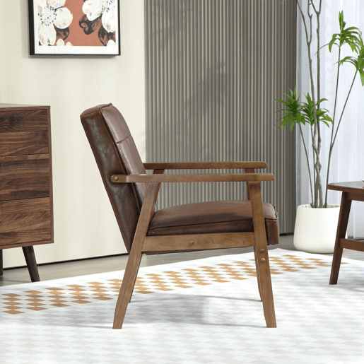 HOMCOM Poltrona Sala de Estar Estofada em PU Poltrona Sala de Estar com Apoio para os Braços e Estrutura de Madeira de Borracha Poltrona para Dormitório Sala de Estar Carga 120 kg 64x66x80 cm Marrom