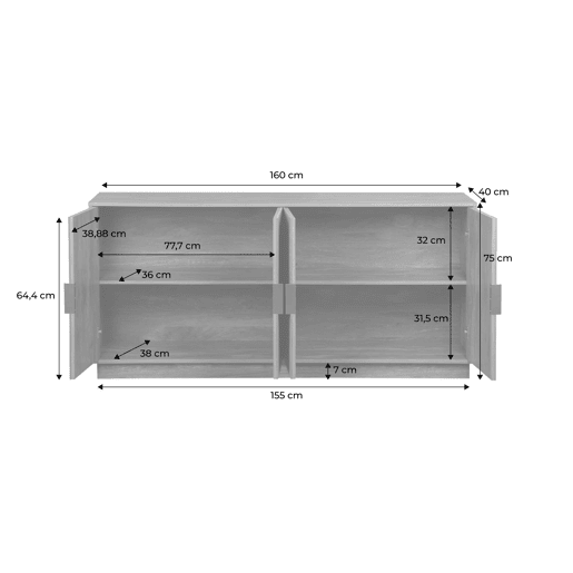 Aparador de 4 portas com efeito de madeira de manga, com ranhuras, 160cm, Celian, Manguier, 160x40x75 cm
