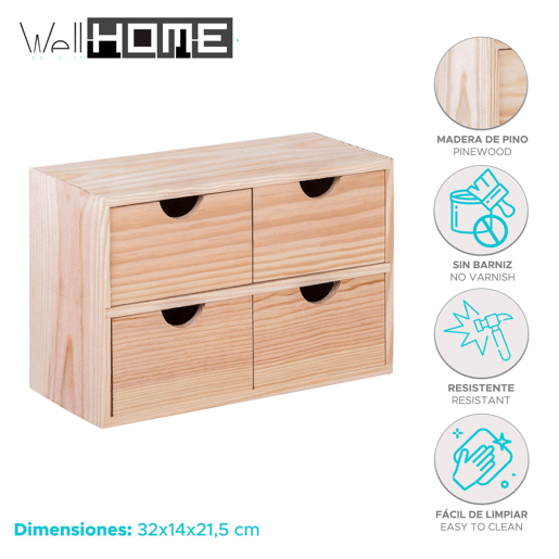 WELL HOME - Minibloco 4 gavetas em madeira de pinho