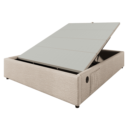 Cómoda estofada 140×200 cm - tecido de linho - com tomadas de carregamento e almofada de ripas - Bege Cómoda estofada 140×200 cm - tecido de linho - com tomadas de carregamento e almofada de ripas - Bege