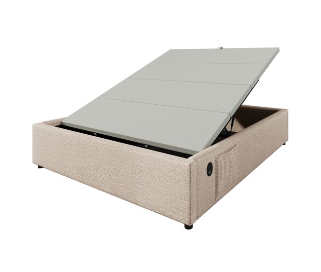 Cómoda tapizada 140×200 cm - tejido de lino - con enchufes de carga y cojín de láminas - beige