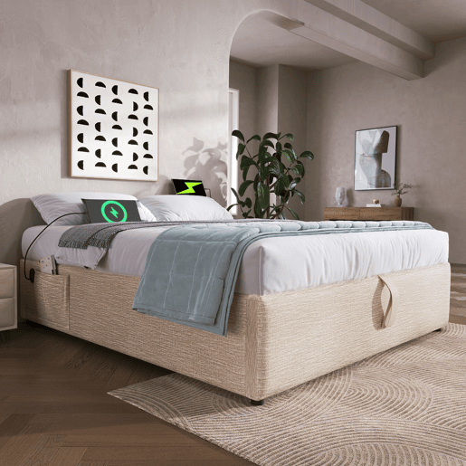 Cómoda estofada 140×200 cm - tecido de linho - com tomadas de carregamento e almofada de ripas - Bege Cómoda estofada 140×200 cm - tecido de linho - com tomadas de carregamento e almofada de ripas - Bege