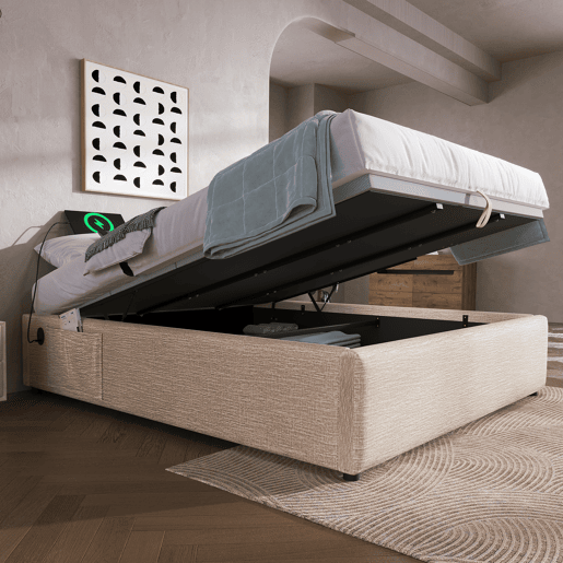 Cómoda estofada 140×200 cm - tecido de linho - com tomadas de carregamento e almofada de ripas - Bege Cómoda estofada 140×200 cm - tecido de linho - com tomadas de carregamento e almofada de ripas - Bege