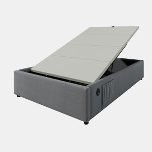 Cama estofada confortável 90×200 cm - tecido de linho - com tomadas de carregamento e almofada de ripas - Cinzento