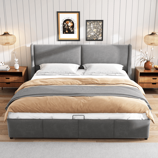Cama para arrumação estofada 160x200cm em veludo - cama para arrumação com estrado de ripas - Cinzento