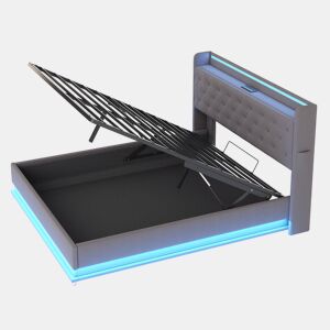 Baú iluminado estofado LED 140x200 cm - com porta de carregamento USB - Tecido de linho - Cinzento