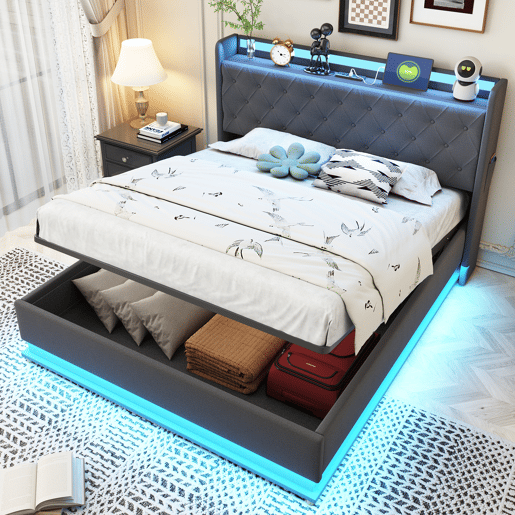 Baú iluminado estofado LED 140x200 cm - com porta de carregamento USB - Tecido de linho - Cinzento