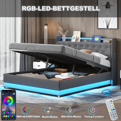 Baú iluminado estofado LED 140x200 cm - com porta de carregamento USB - Tecido de linho - Cinzento