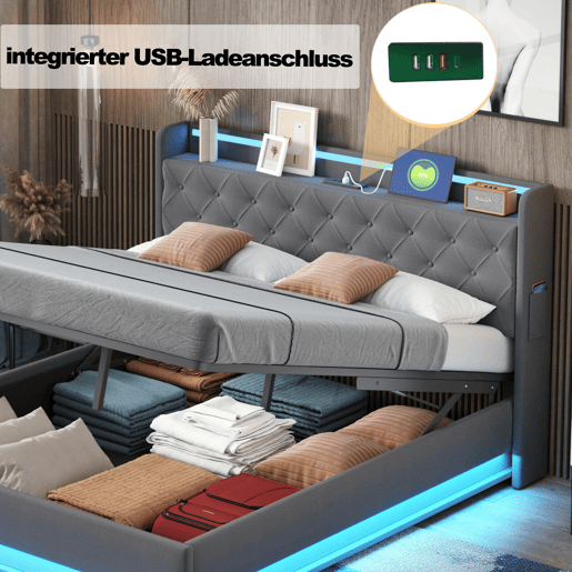 Baú iluminado estofado LED 140x200 cm - com porta de carregamento USB - Tecido de linho - Cinzento