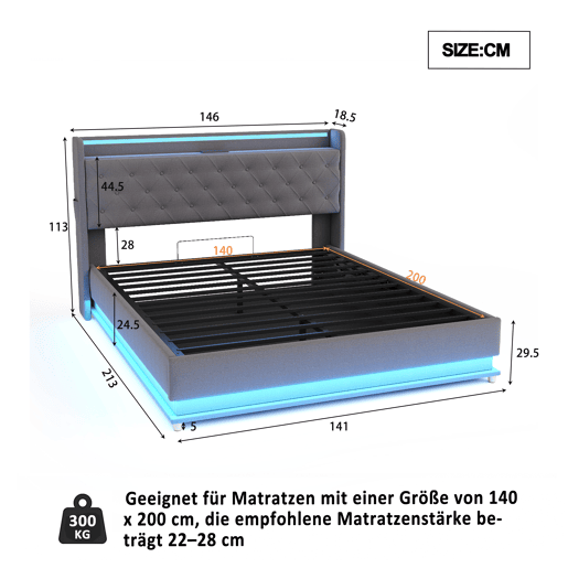 Baú iluminado estofado LED 140x200 cm - com porta de carregamento USB - Tecido de linho - Cinzento
