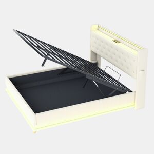 Cama confortável estofada com LED 160x200 cm - com porta de carregamento USB - Tecido de linho - Bege