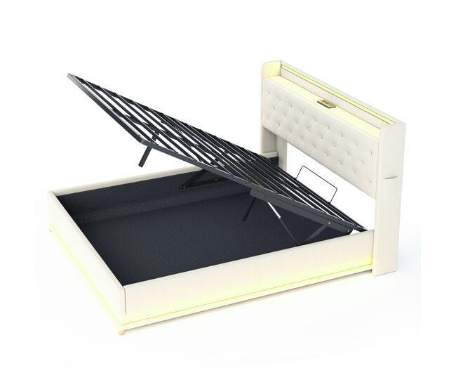 Cama cómoda tapizada con led 160x200 cm - con puerto de carga usb - tela de lino - beige