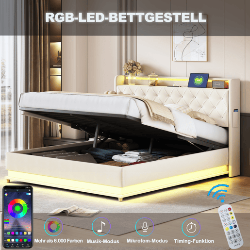 Cama confortável estofada com LED 160x200 cm - com porta de carregamento USB - Tecido de linho - Bege