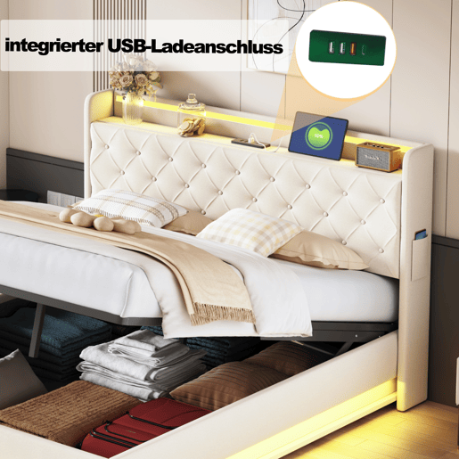 Cama confortável estofada com LED 160x200 cm - com porta de carregamento USB - Tecido de linho - Bege