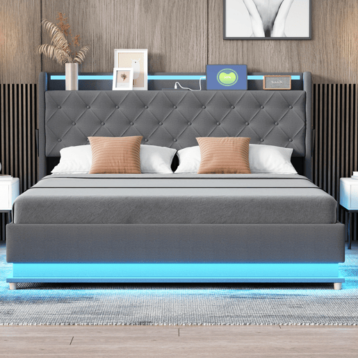 Cama confortável estofada com LED 160x200 cm - com porta de carregamento USB - Tecido de linho - Cinzento