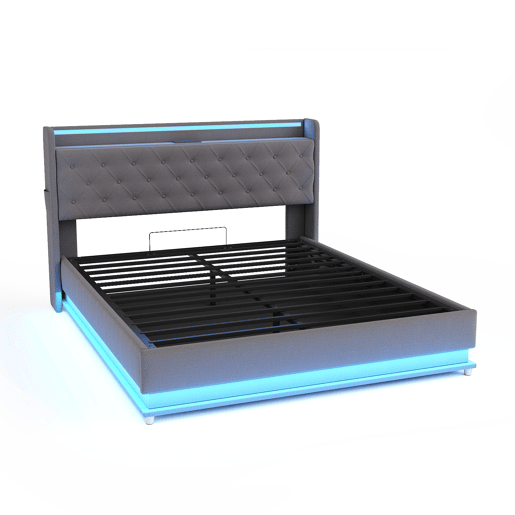 Cama confortável estofada com LED 160x200 cm - com porta de carregamento USB - Tecido de linho - Cinzento