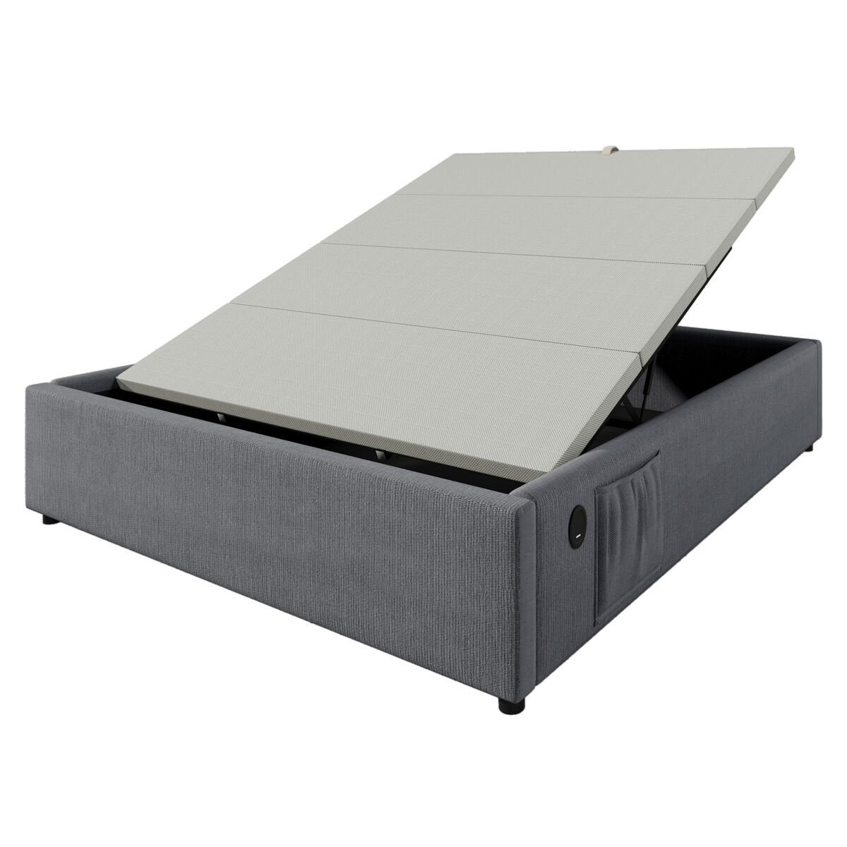 Baúl tapizado 140×200 cm - tela de lino - con enchufes recargables y almohadón de láminas - gris