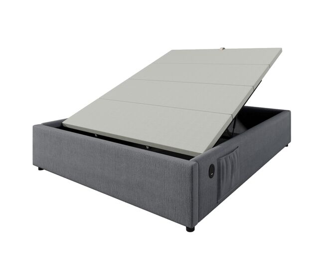 Baúl tapizado 140×200 cm - tela de lino - con enchufes recargables y almohadón de láminas - gris
