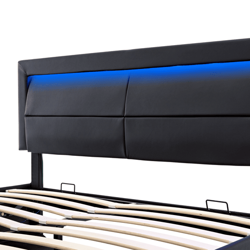 Cama contentora em pele sintética de 140x200 cm com LED - com portas de carregamento (com e sem fios) - Preto