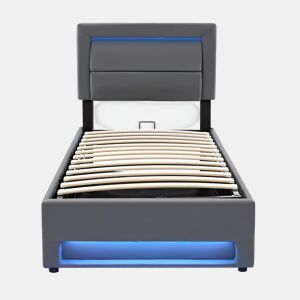 Cama contentora em pele sintética de 90x200 cm com LED - com portas de carregamento (com e sem fios) - Cinzento