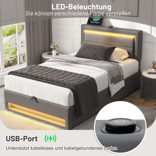 Cama contentora em pele sintética de 90x200 cm com LED - com portas de carregamento (com e sem fios) - Cinzento
