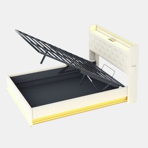 Cama confortável estofada com LED 140x200 cm - Com porta de carregamento USB - Tecido de linho - Bege