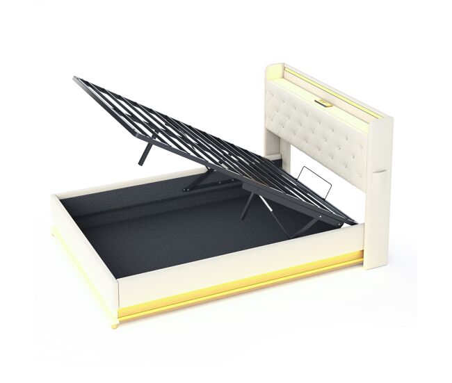 Cómoda cama tapizada con led 140x200 cm - con puerto de carga usb - tela de lino - beige