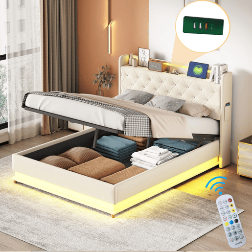 Cama confortável estofada com LED 140x200 cm - Com porta de carregamento USB - Tecido de linho - Bege