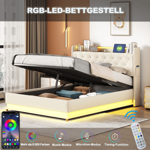 Cama confortável estofada com LED 140x200 cm - Com porta de carregamento USB - Tecido de linho - Bege