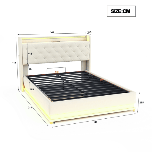 Cama confortável estofada com LED 140x200 cm - Com porta de carregamento USB - Tecido de linho - Bege