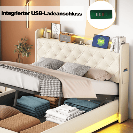 Cama confortável estofada com LED 140x200 cm - Com porta de carregamento USB - Tecido de linho - Bege