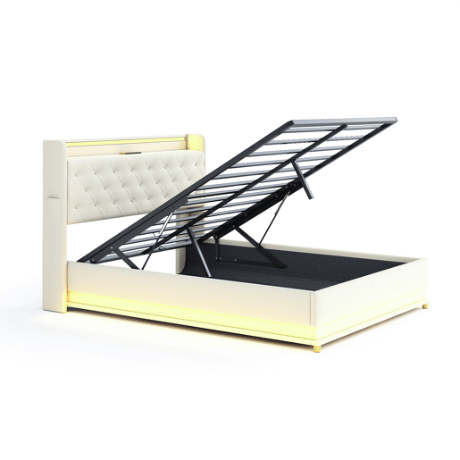 Cama confortável estofada com LED 140x200 cm - Com porta de carregamento USB - Tecido de linho - Bege