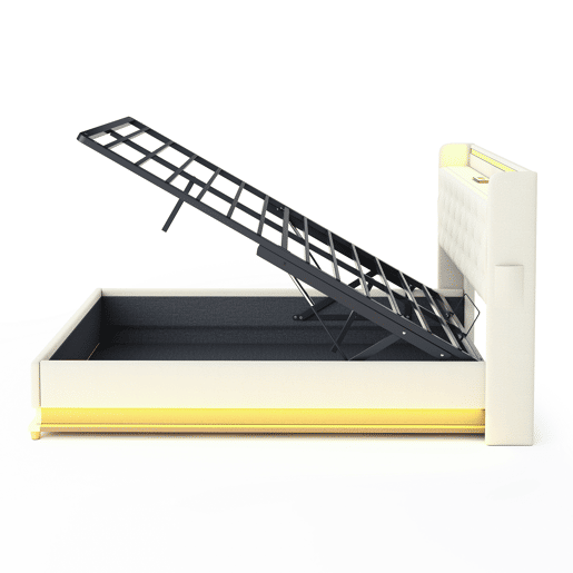 Cama confortável estofada com LED 140x200 cm - Com porta de carregamento USB - Tecido de linho - Bege