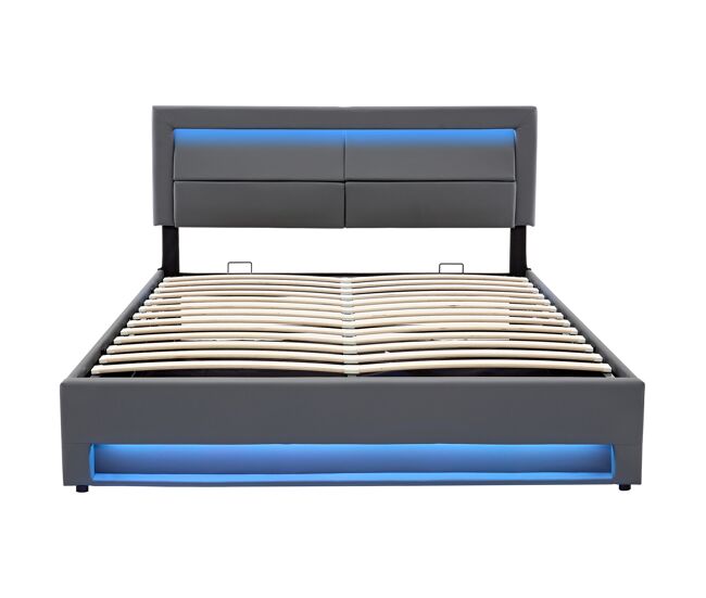 Cama contenedor de piel sintética de 140x200 cm con led - con puertos de carga (por cable e inalámbrico) - gris
