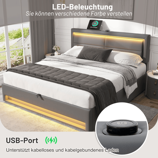 Cama contentora em pele sintética de 140x200 cm com LED - com portas de carregamento (com e sem fios) - Cinzento