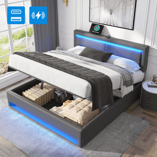 Cama contentora em pele sintética de 140x200 cm com LED - com portas de carregamento (com e sem fios) - Cinzento