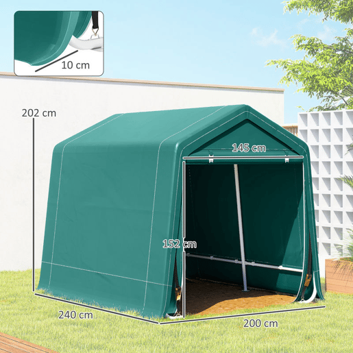 Outsunny Abrigo de Jardim Exterior para Ferramentas, Bicicletas, 2,4x2x2 m, Cobertura Exterior com Estrutura de Metal, Porta Enrolável com Fecho, Impermeável, Anti-UV, Garagem Portátil, Verde