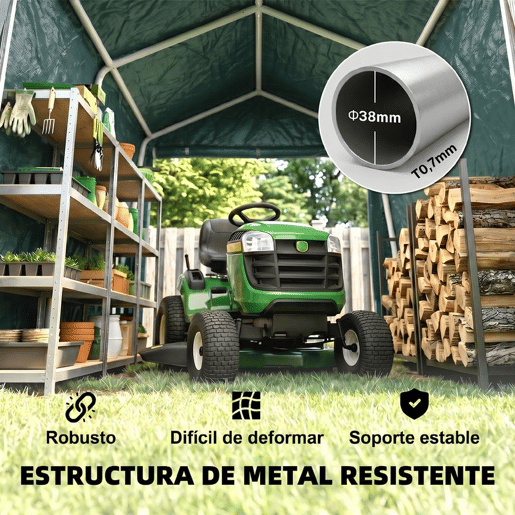 Outsunny Abrigo de Jardim Exterior para Ferramentas, Bicicletas, 2,4x2x2 m, Cobertura Exterior com Estrutura de Metal, Porta Enrolável com Fecho, Impermeável, Anti-UV, Garagem Portátil, Verde