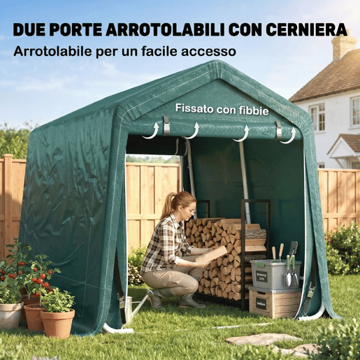 Outsunny Abrigo de Jardim Exterior para Ferramentas, Bicicletas, 2,4x2x2 m, Cobertura Exterior com Estrutura de Metal, Porta Enrolável com Fecho, Impermeável, Anti-UV, Garagem Portátil, Verde