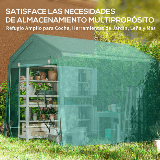 Outsunny Abrigo de Jardim Exterior para Ferramentas, Bicicletas, 2,4x2x2 m, Cobertura Exterior com Estrutura de Metal, Porta Enrolável com Fecho, Impermeável, Anti-UV, Garagem Portátil, Verde