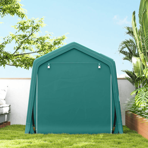 Outsunny Abrigo de Jardim Exterior para Ferramentas, Bicicletas, 2,4x2x2 m, Cobertura Exterior com Estrutura de Metal, Porta Enrolável com Fecho, Impermeável, Anti-UV, Garagem Portátil, Verde