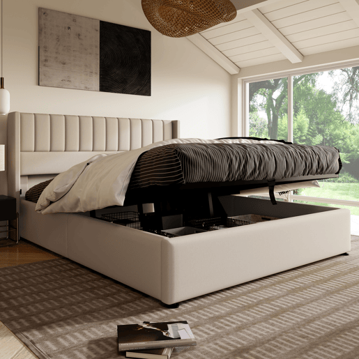 Cama contentora estofada em linho 140x200 cm com estrado de ripas - Bege