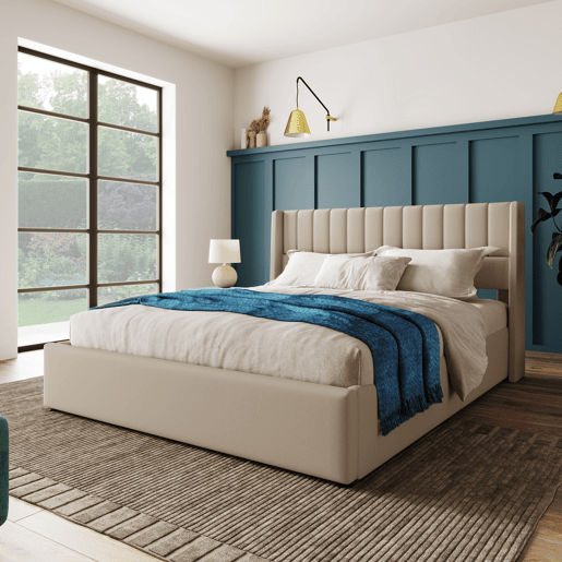Cama contentora estofada em linho 140x200 cm com estrado de ripas - Bege