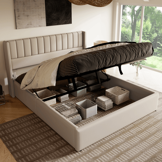Cama contentora estofada em linho 140x200 cm com estrado de ripas - Bege