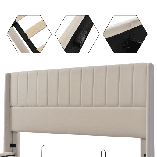 Cama contentora estofada em linho 140x200 cm com estrado de ripas - Bege
