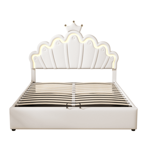Cama contentora estofada em pele sintética 140x200 cm - cama princesa com LED e molduras no teto - Branco