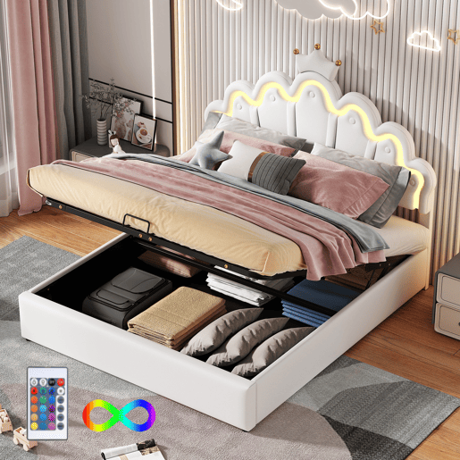 Cama contentora estofada em pele sintética 140x200 cm - cama princesa com LED e molduras no teto - Branco