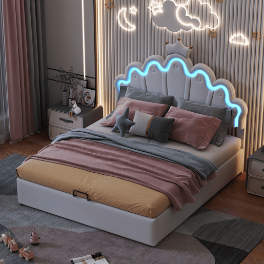 Cama contentora estofada em pele sintética 140x200 cm - cama princesa com LED e molduras no teto - Branco